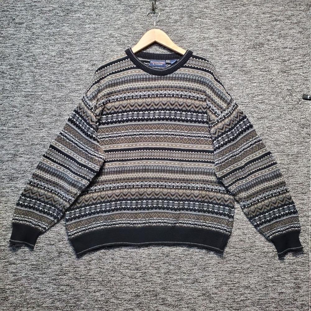 VTG Roundtree Yorke Sweater Mens XL USA Made Cotton Knit Fair Isle Geometric
